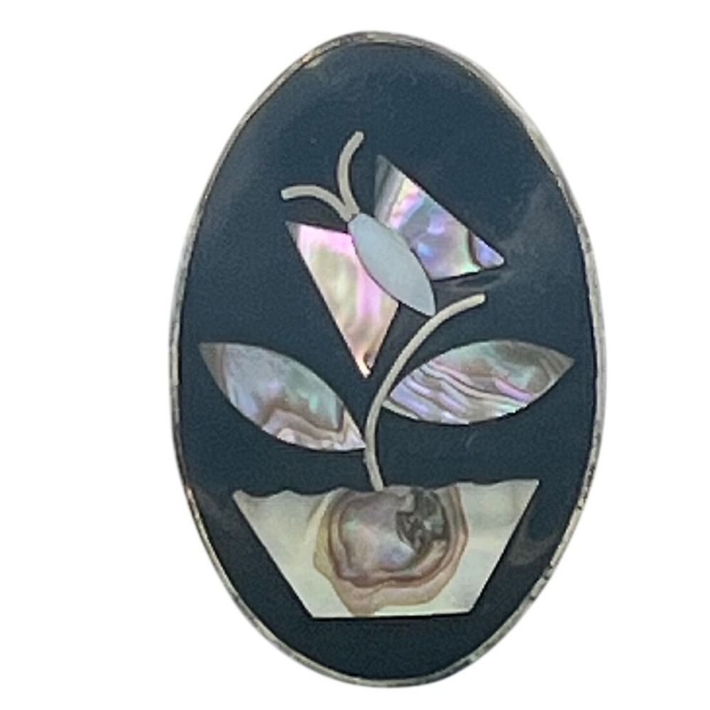 Vintage‎ Alpaca Mexico Floral Inlay Abalone Shell Silver  Brooch